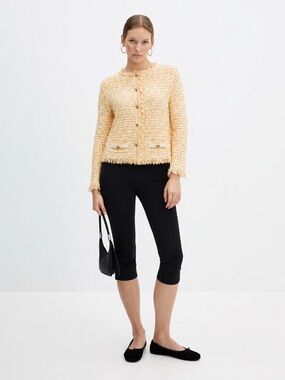 MNG Pastel Yellow Tweed Fringe Cardigan Jacket – Size Medium🧡
